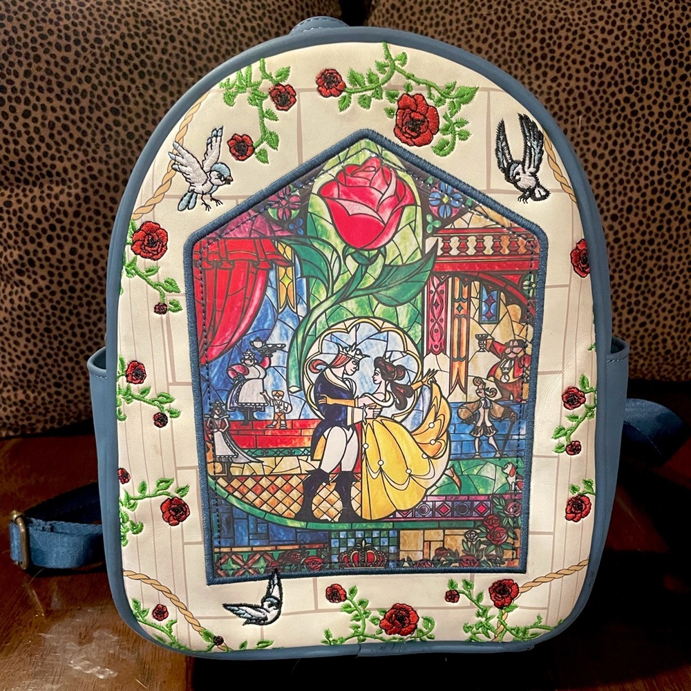 Loungefly Disney Beauty & the Beast stained glass enchanted rose blue backpack